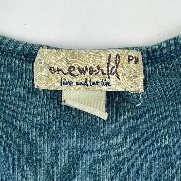 One World Tshirt Womens Medium Petite Green Ribbed Stones Long Sleeve - Picture 2 of 7